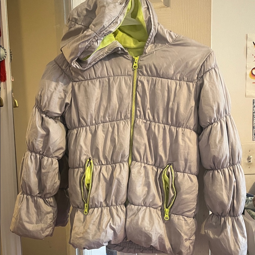 Old Navy Kids Puffer Jacket in Gray with Lime Details